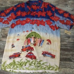 Cherokee Mens XL Casual Shirt Beach Hawaiian Surfing Blue Red